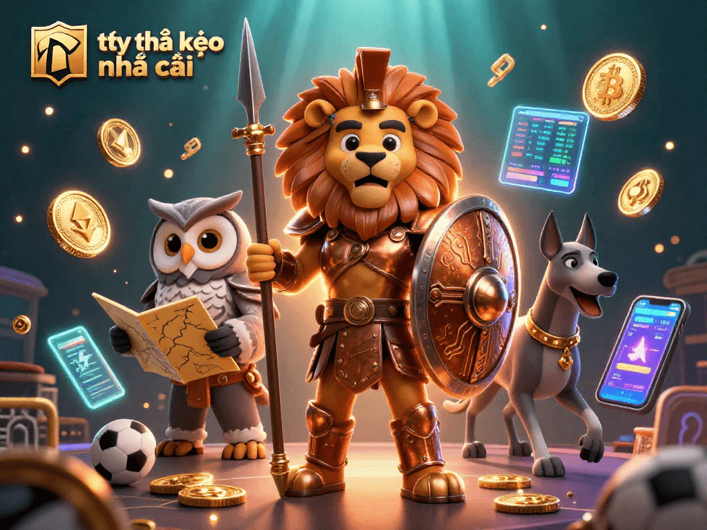Bet on tỷ lệ kèo nhà cái with a heroic Spartan lion leading a strategic owl and speedy greyhound in a vibrant casino scene.