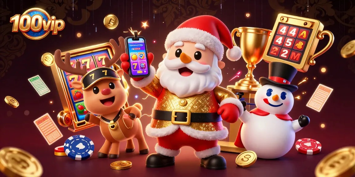 Spin the jackpot slots at 100vip with Santa and friends enjoying a vibrant casino atmosphere.