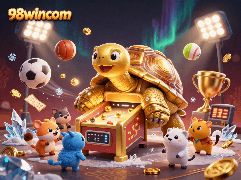 Betting fun unfolds with 98wincom's vibrant animated scene featuring golden tortoise and sports elements.