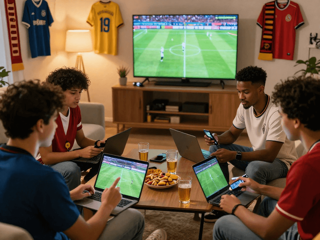 Freunde beim Fussballwetten online in einem gemütlichen Wohnzimmer, diskutieren und platzieren Wetten auf Smartphones.