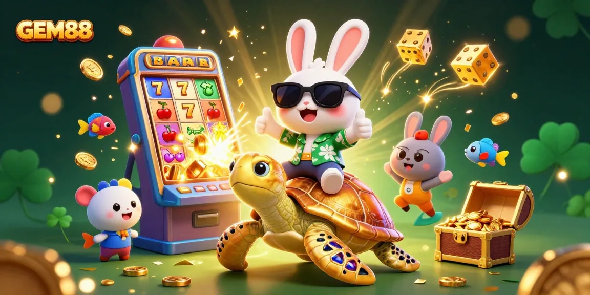 Experience GEM88's vibrant casino world with lucky characters amid jackpot excitement.