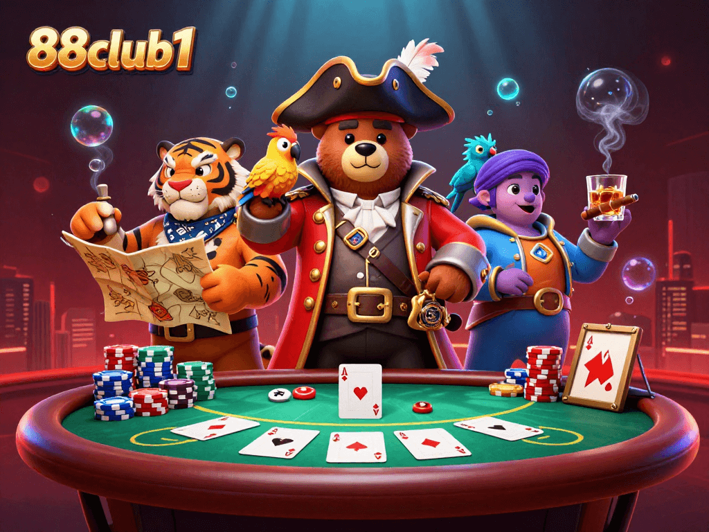 Engage in thrilling poker action at 88club1 with vibrant characters and immersive casino elements.