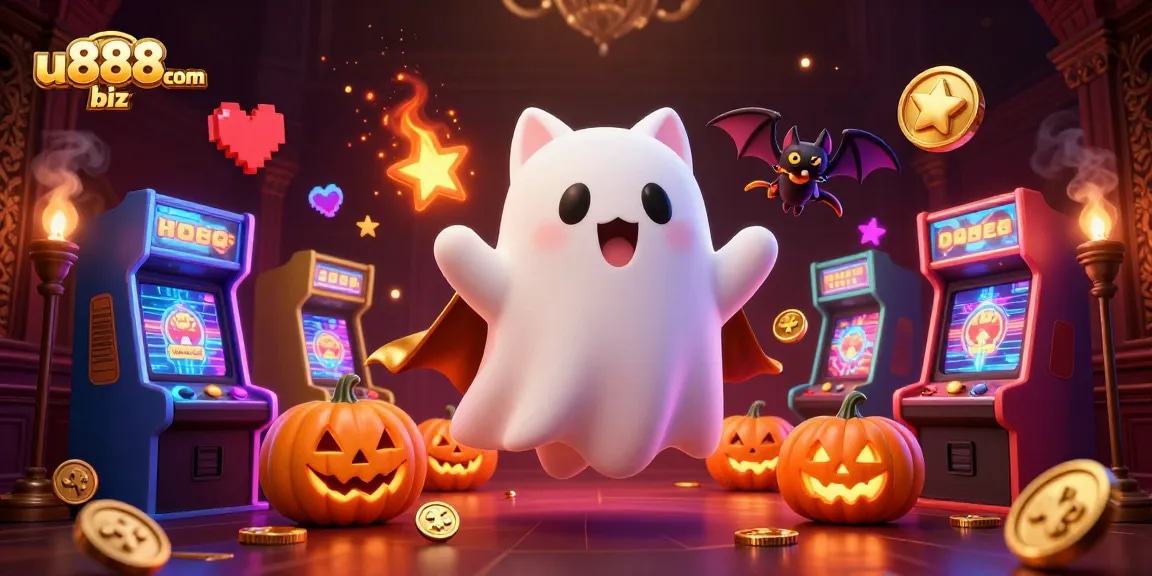 Winning big with u888com biz as a ghost cat haunts a vibrant casino with glowing games.