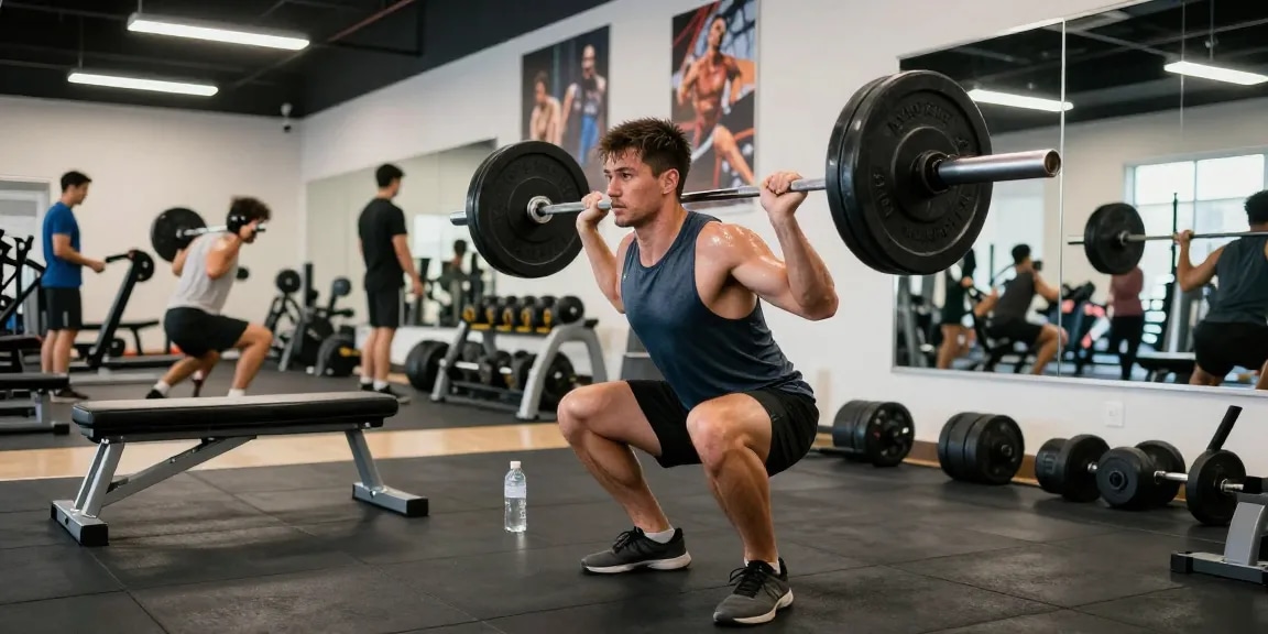 Sportlicher Mann, der Kniebeugen mit einer Langhantel in einem erstklassigen Fitnessstudio ausführt und die Auswirkungen von Prime Pharma Steroiden auf Fitness und Muskelwachstum zeigt.