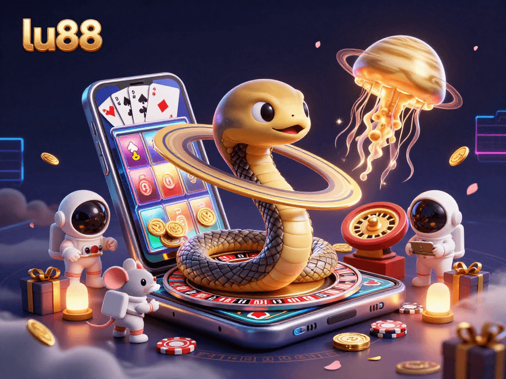Join the cosmic fun at lu88 with mice betting on a roulette wheel, surrounded by colorful casino elements.