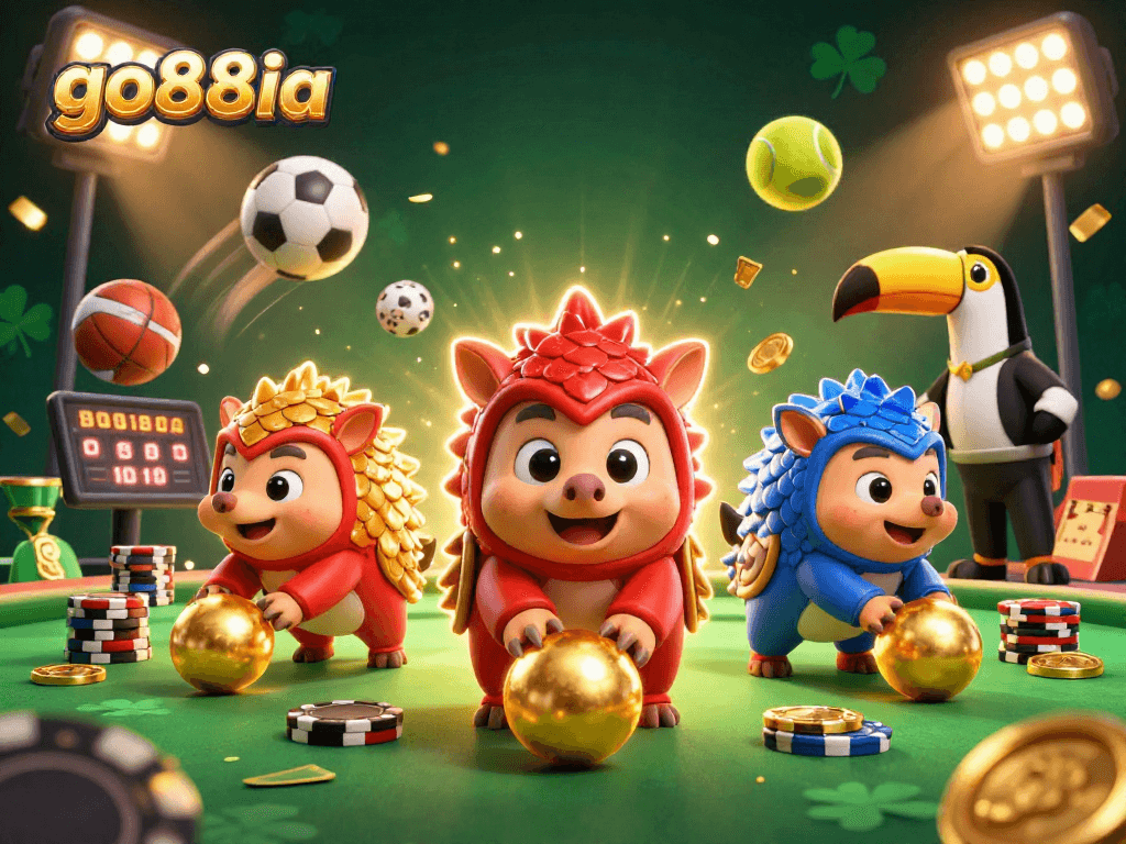 Go88ia showcases rival pangolins competing in a vibrant casino scene packed with dynamic gaming elements.