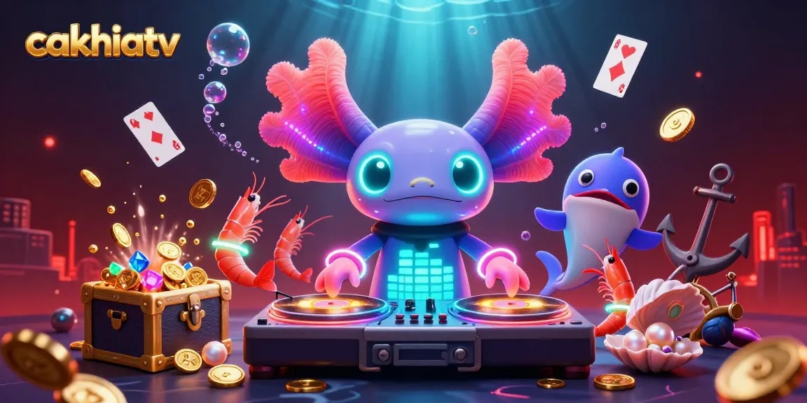 CakhiaTV showcases a vibrant underwater DJ scene with neon characters and lively elements for sports betting.