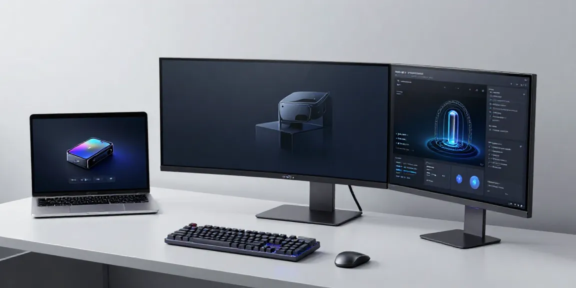 Moderne Gadgets und Technologieprodukte in einem minimalistischen Entwicklerarbeitsplatz.