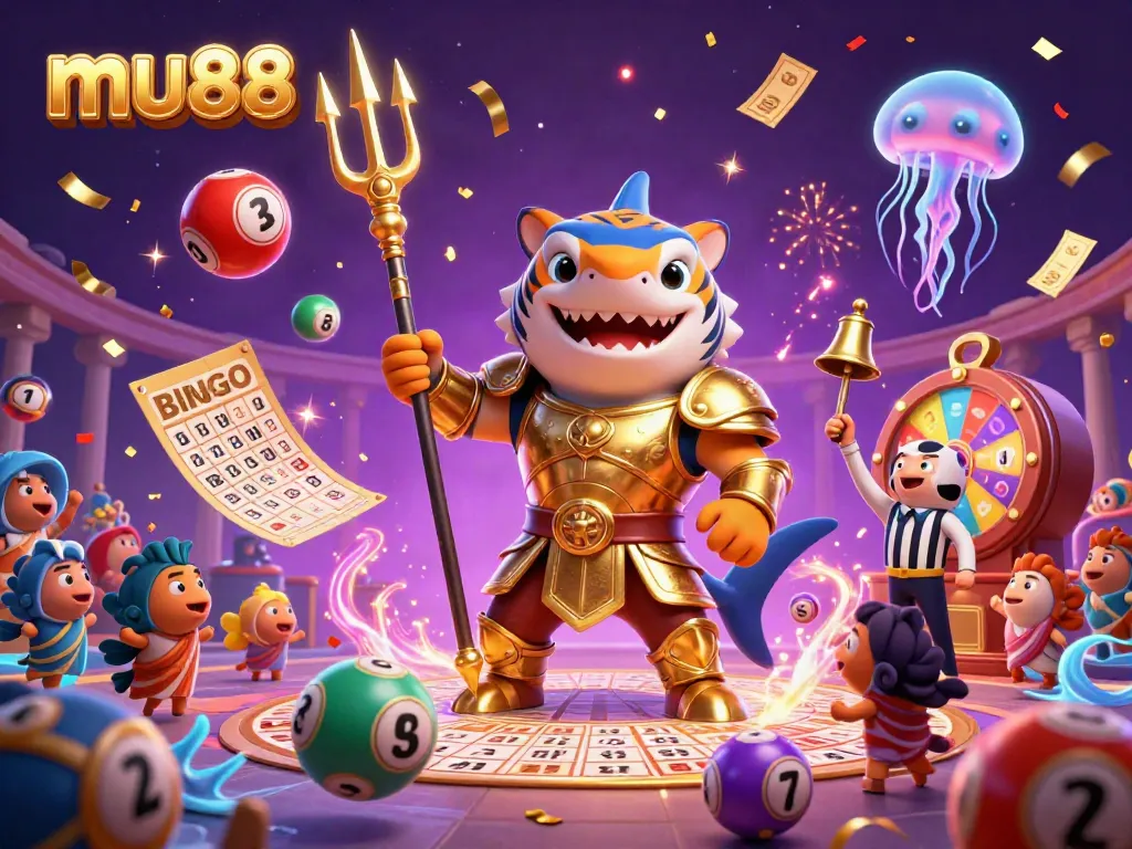 Experience the excitement at mu88 with a vibrant underwater casino scene featuring a golden tiger shark, lottery elements, and a colorful crowd.