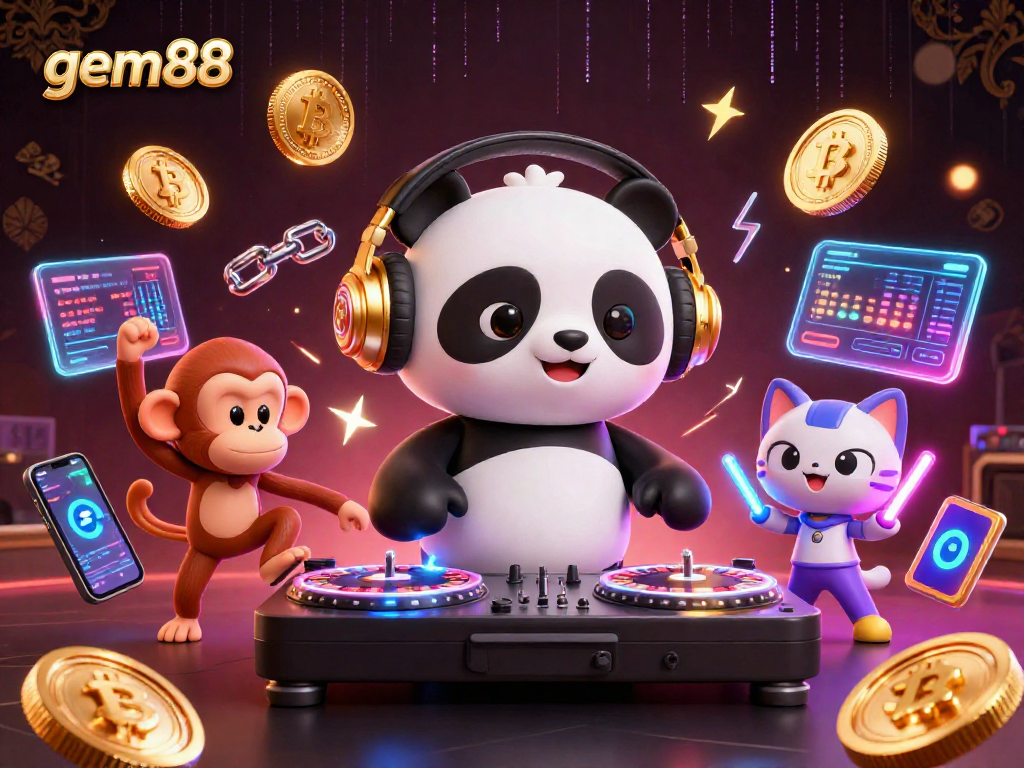 Spin to win at gem88 with a DJ panda, dancing monkey, and rave kitten in vibrant casino atmosphere