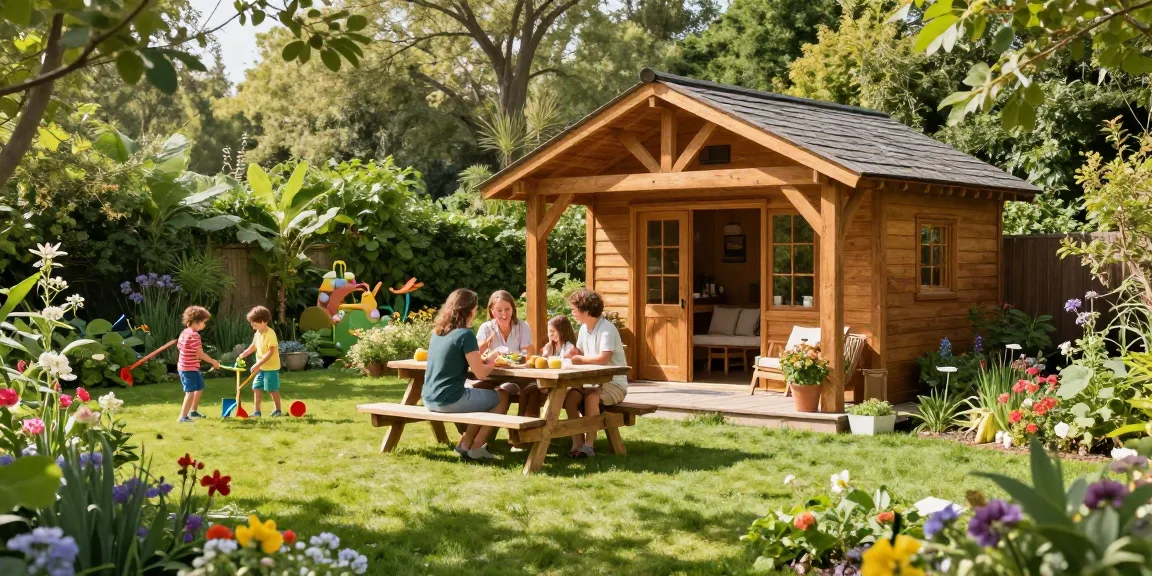 Gemütliches Gartenhaus Holz in einem einladenden Garten mit blühenden Blumen und einer Familie beim Picknick.