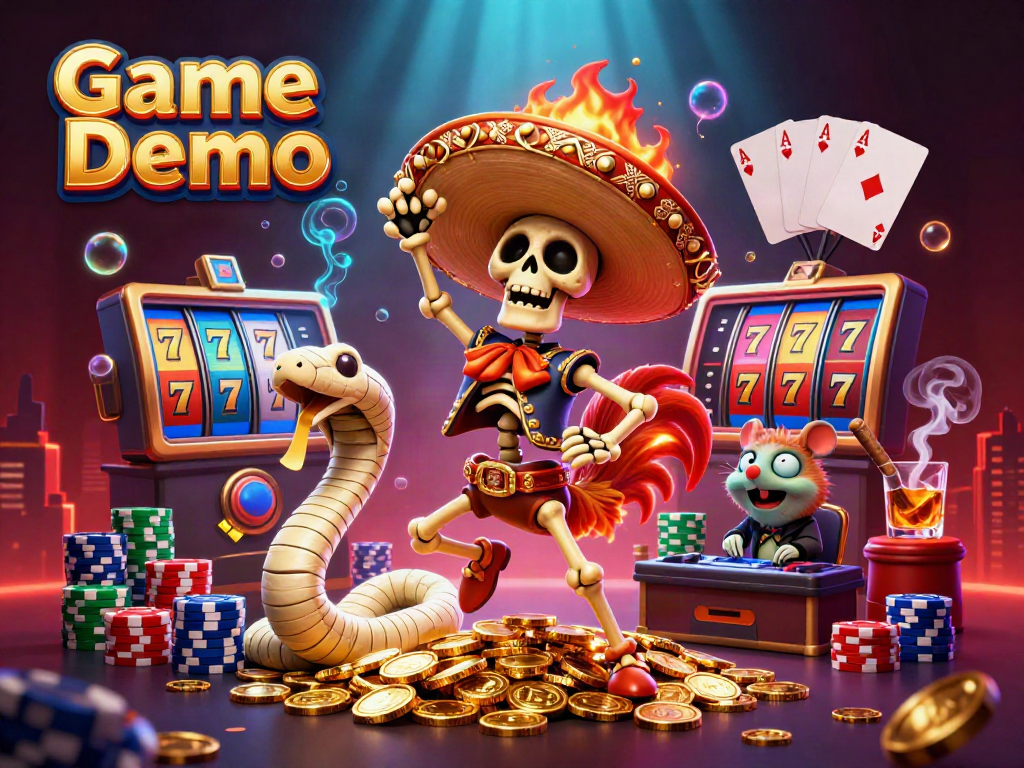 Game Demo visualization with 3D characters celebrating amidst slot reels and casino chips.