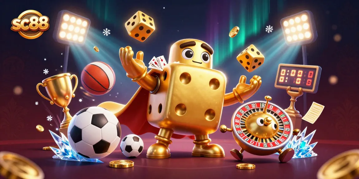 sc88 showcases a vivid 3D casino scene with golden dice and sports elements, illustrating thrilling gaming.