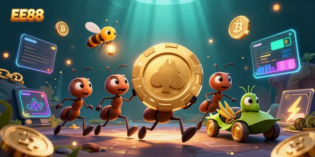 EE88 welcomes players with a thrilling heist scene featuring cartoon ants carrying a massive poker chip.