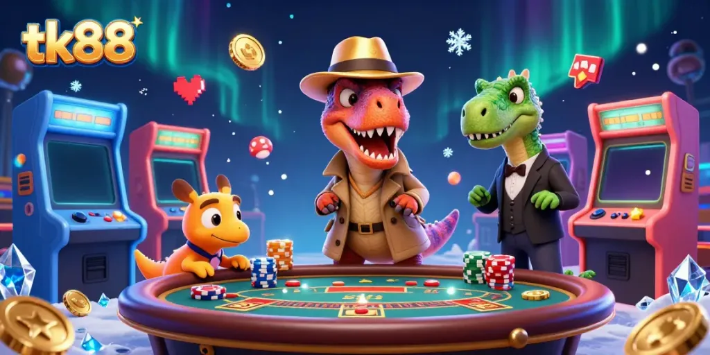 Engaging scene of a velociraptor at a blackjack table in a vibrant tk88 casino, showcasing lively characters and gaming accessories.