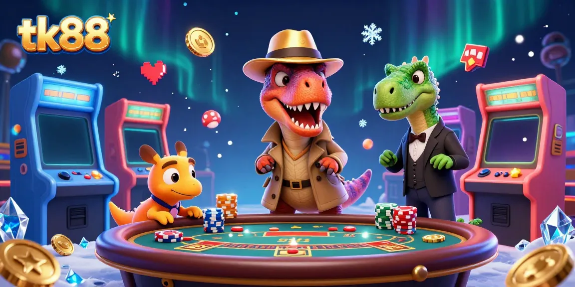 Engaging scene of a velociraptor at a blackjack table in a vibrant tk88 casino, showcasing lively characters and gaming accessories.