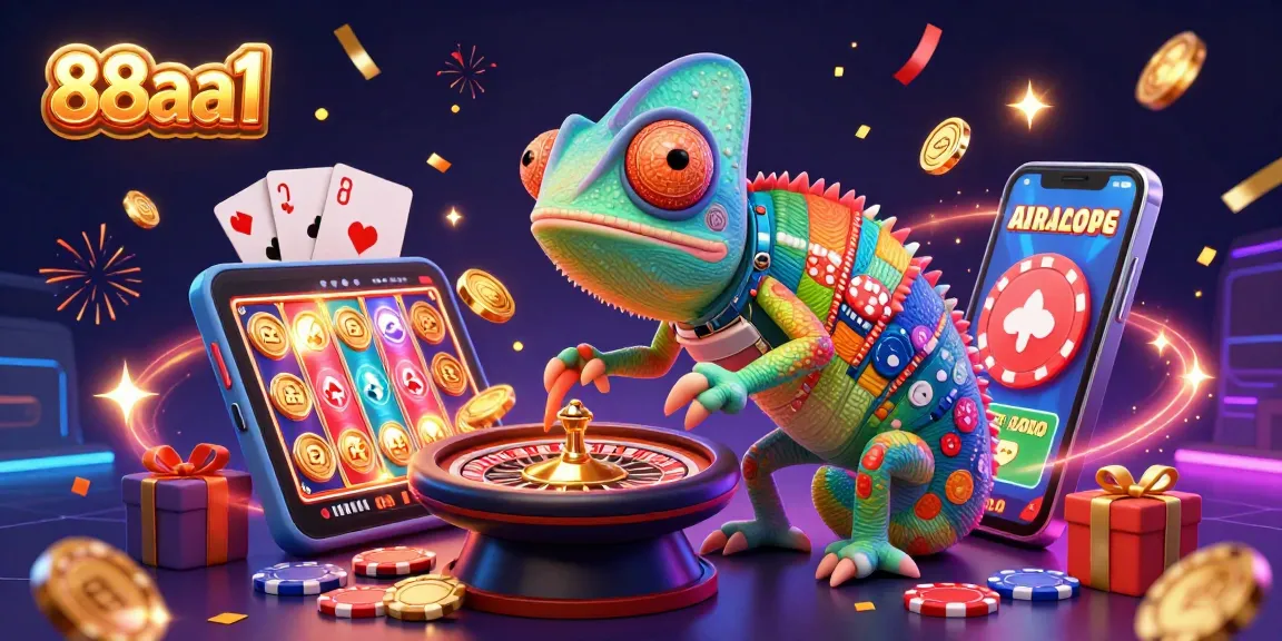 Engage with 88aa1's vibrant casino world featuring a cartoon chameleon, slot games, and celebratory elements.