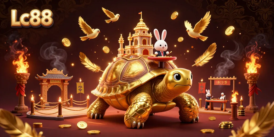 Engage in Lc88 casino excitement with a vibrant scene of a golden tortoise, rabbit dealer, and flying coins.