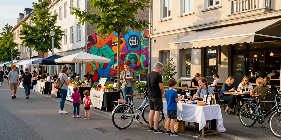 Community gathering in Bochum with vendors, families, and vibrant street art.