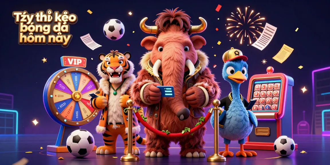 Tỷ lệ kèo bóng đá hôm nay scene with a woolly mammoth casino bouncer and colorful sports betting elements.