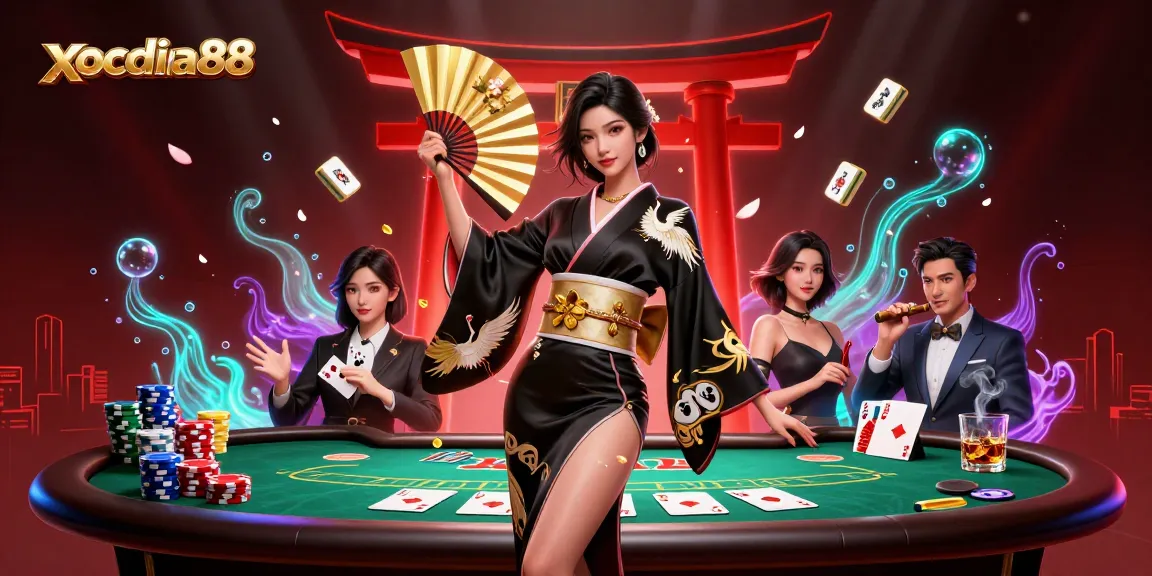 Experience thrilling games at xocdiaa88 with vibrant poker tables and an elegant Asian woman holding a fan.