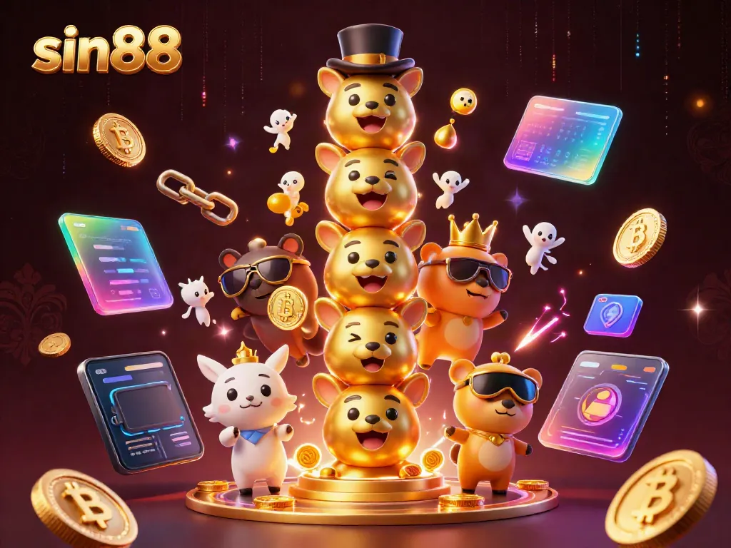 Engage with sin88's vibrant casino scene featuring a golden totem pole and cryptocurrency elements.