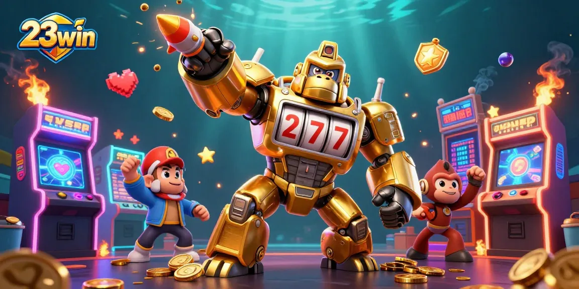 Win big with 23win in an action-packed online casino scene filled with golden gorilla mech.