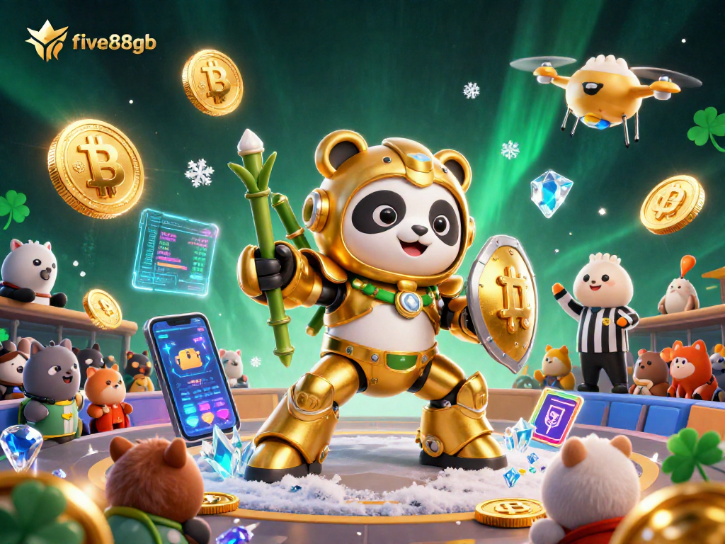 Experience thrilling gameplay at five88gb with a golden panda in an arena, showcasing vibrant casino elements.