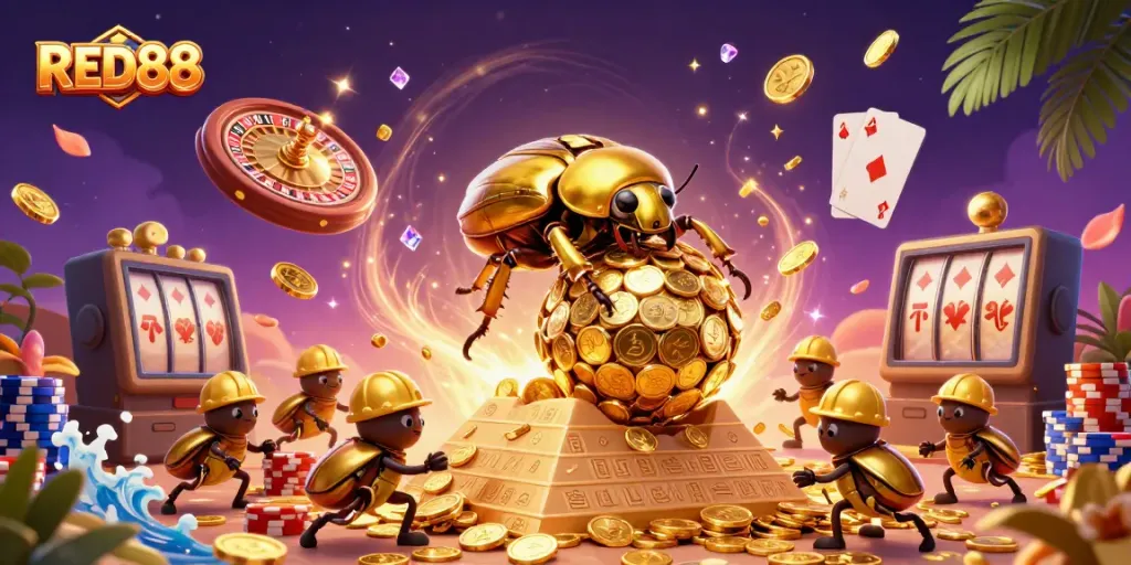 Engage with the thrilling world of RED88 as golden beetles symbolize wealth and casino action.