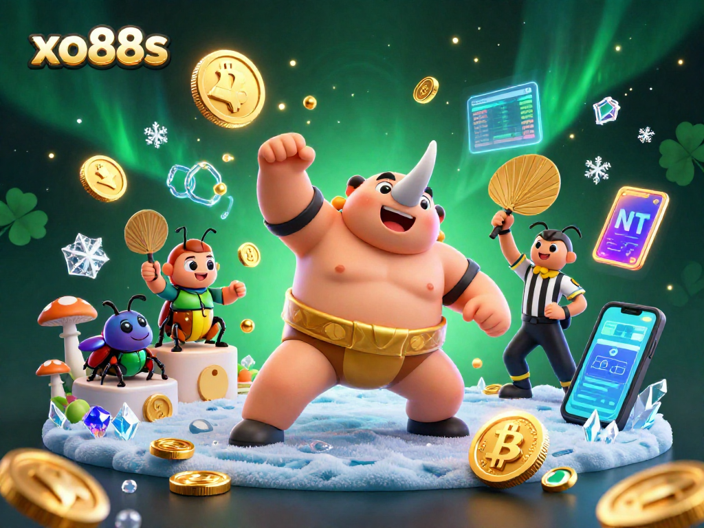 Experience thrilling action at xo88s with vibrant betting characters and neon cryptocurrency elements.