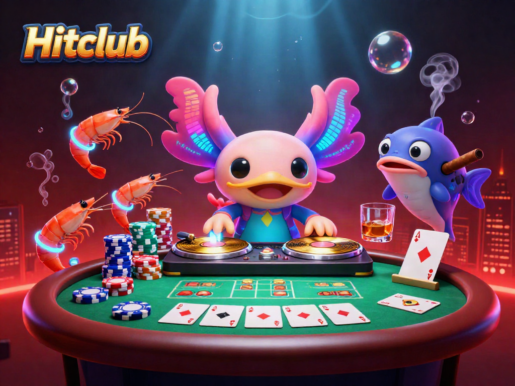 Experience Hitclub's vibrant gaming scene with neon-colored characters showcasing poker elements and lively underwater effects.