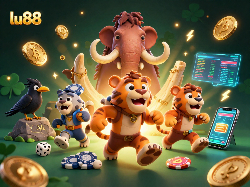Experience exciting gameplay at lu88 with a dynamic prehistoric casino scene featuring clever characters and modern elements.