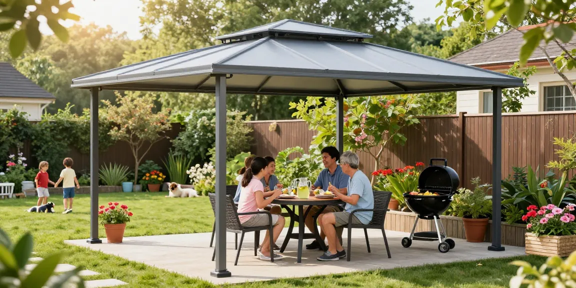 Freistehende Terrassenüberdachung mit einer Familie, die ein BBQ im Garten genießt.