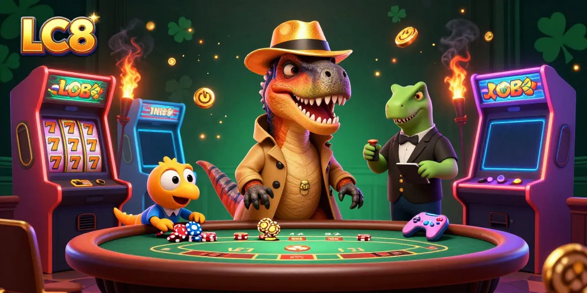 Experience the excitement of LC8 as a velociraptor card counter plays blackjack under the watchful eye of a stegosaurus pit boss.