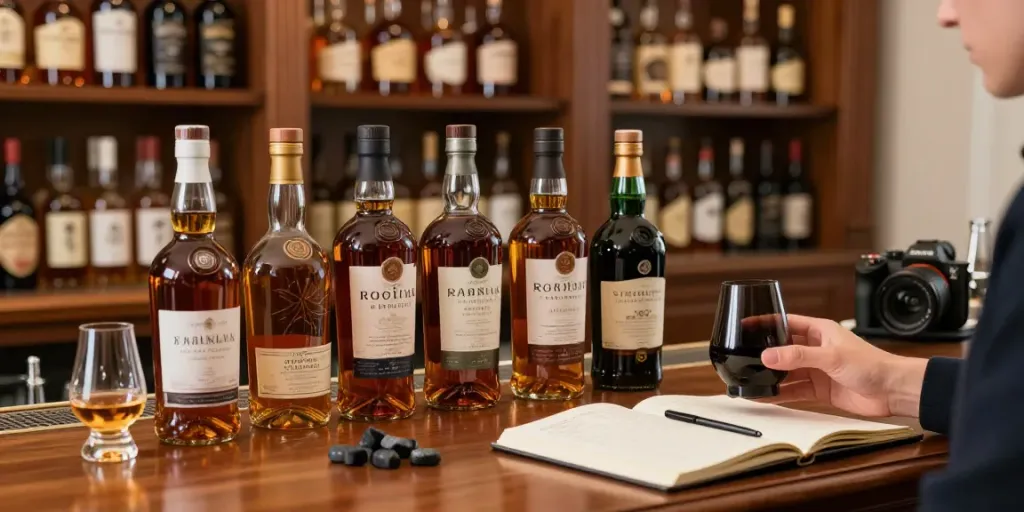 Ein Nutzer der Whisky Sammlung App betrachtet eine Flasche in einer eleganten Heimbar.