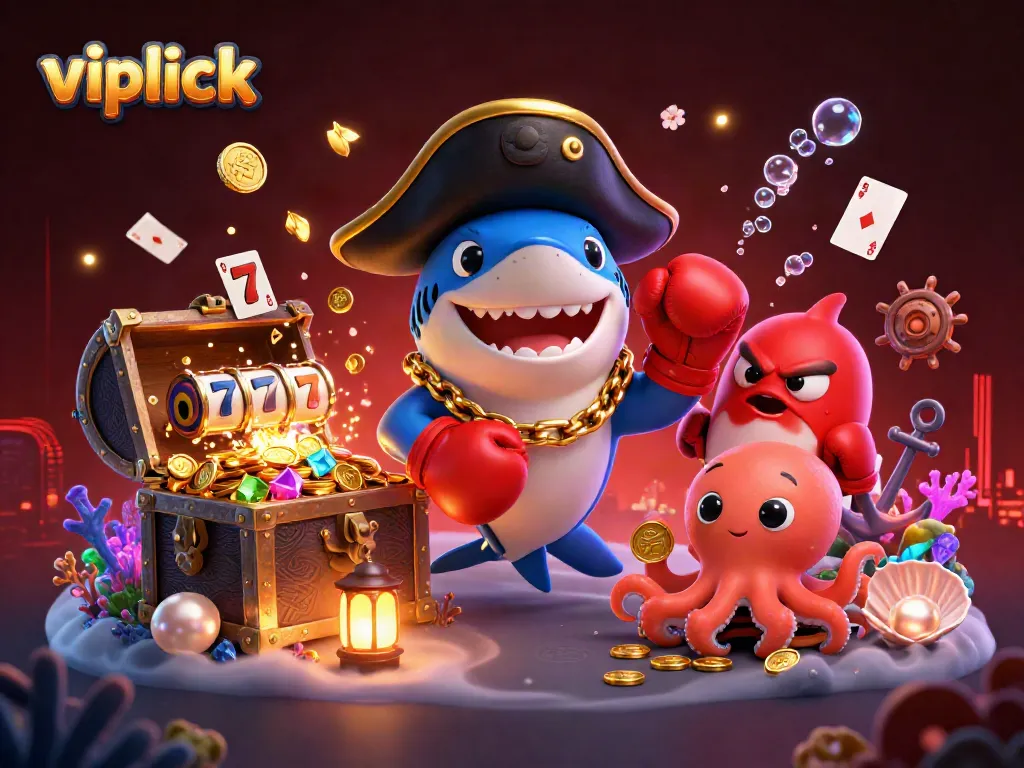 A lively illustration showcasing vipluck characters like a pirate shark and octopus amidst a casino-inspired scene with vibrant slot elements.