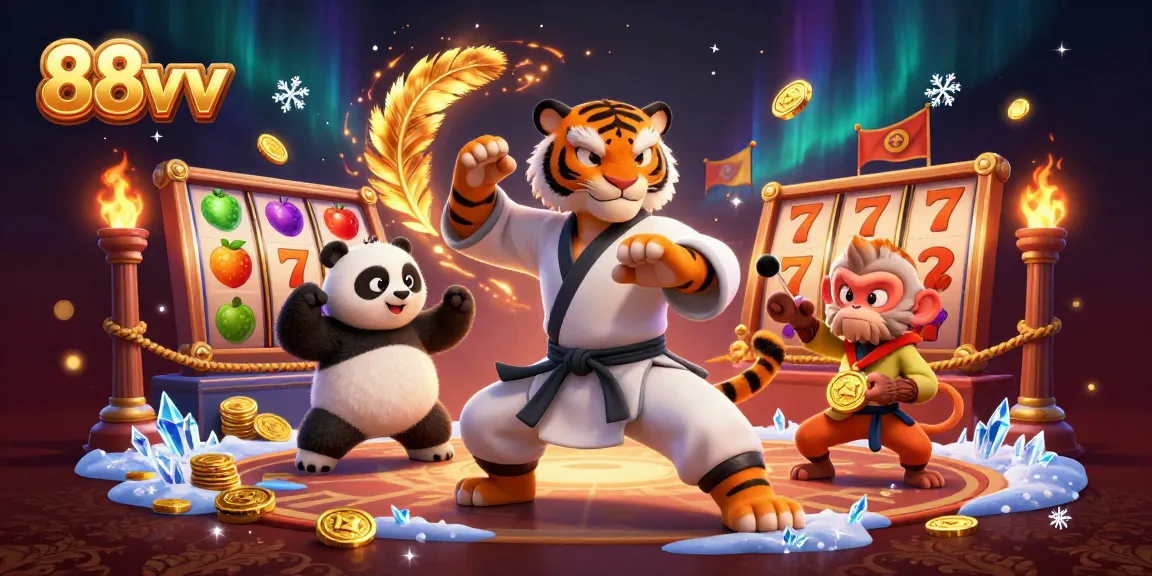 Engage with 88vv's slot reels in a vibrant, cartoonish casino world filled with action.