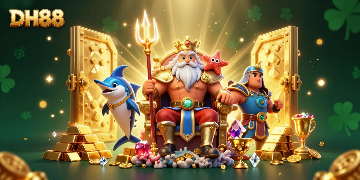 Experience the excitement of DH88 casino with a vibrant scene featuring Neptune, treasures, and gambling elements.