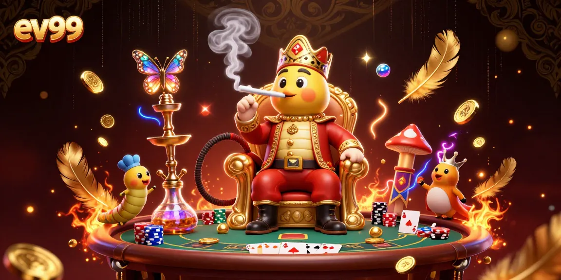 Engage with ev99 casino magic in a vibrant 3D illustration of poker symbols and gold.