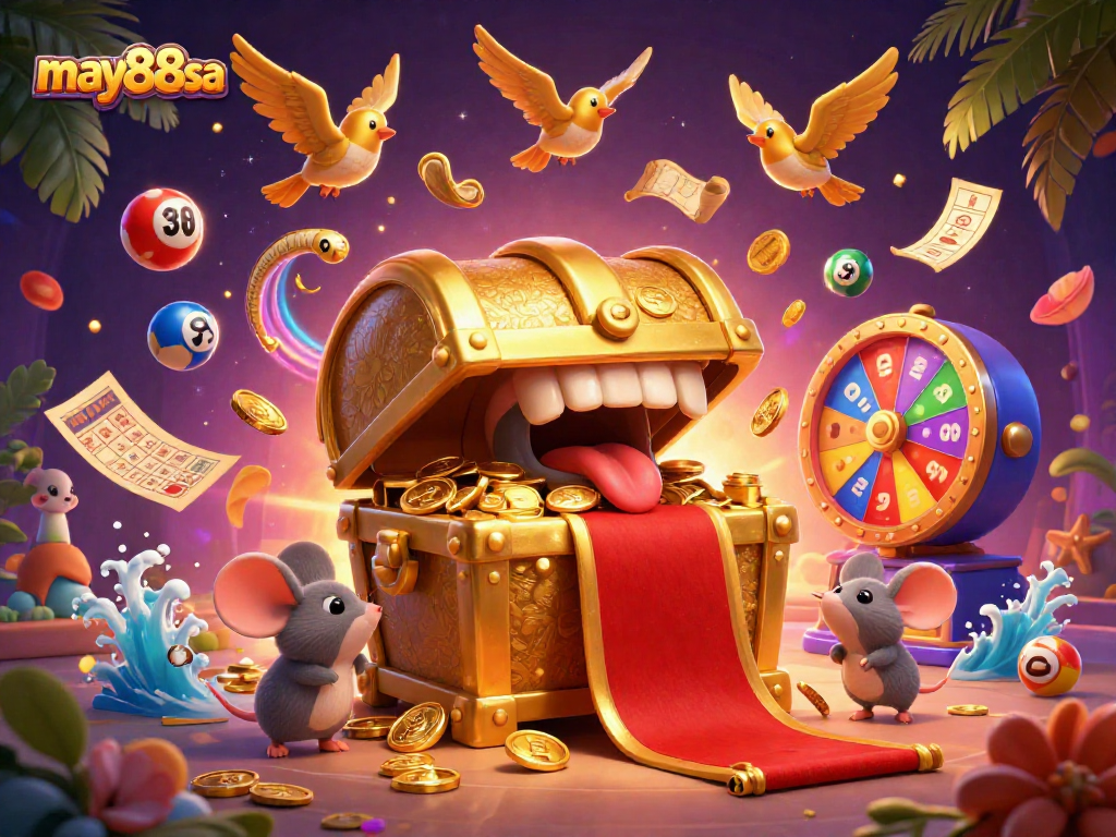 Win big with may88sa in this vibrant 3D casino illustration showcasing dynamic lottery and gaming elements.