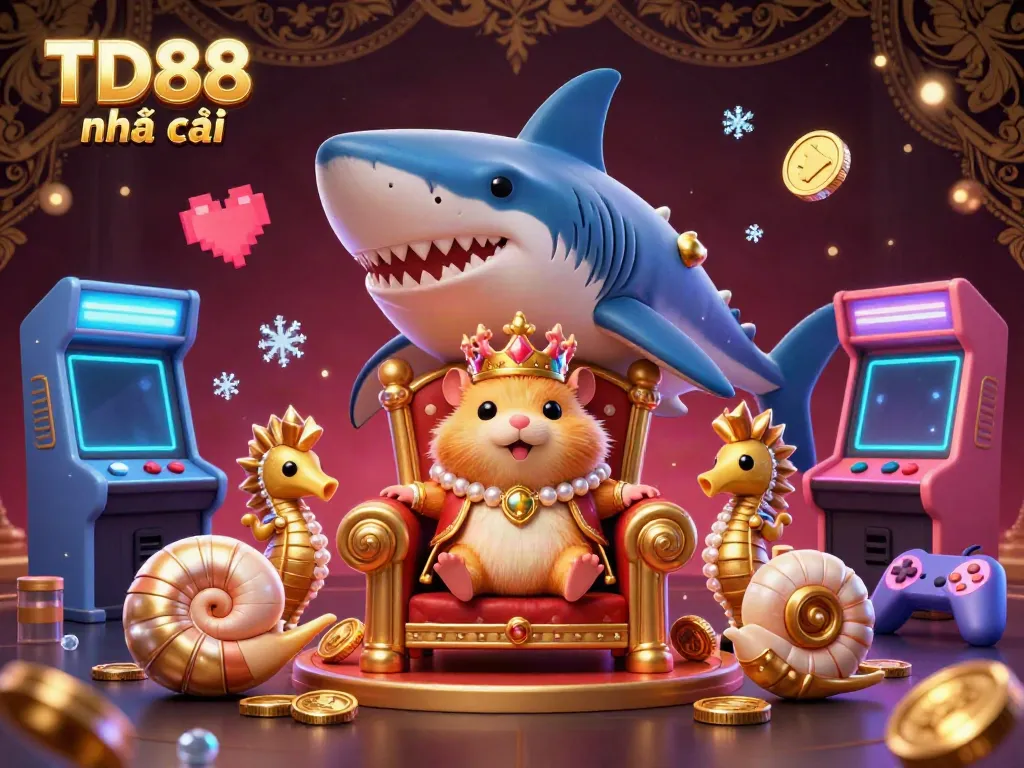 Engage with the spectacular gaming kingdom of TD88 nhà cái featuring a golden hamster king and shimmering game elements.