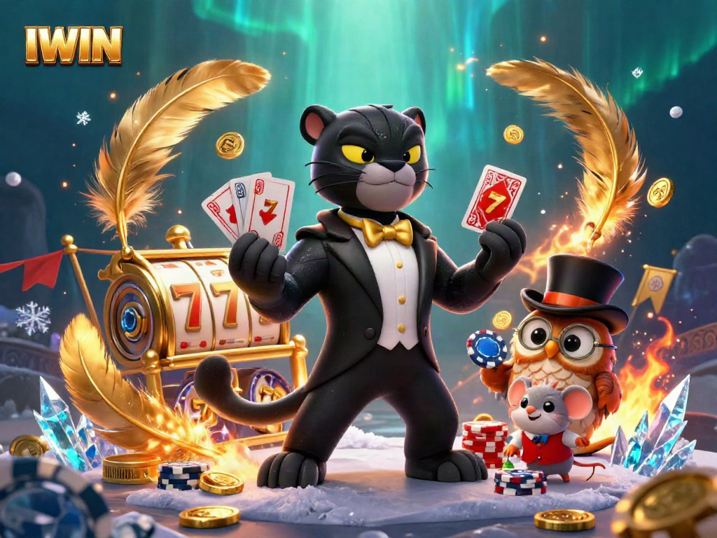 IWIN's vibrant casino scene showcases a tuxedo-wearing panther dealing cards with an owl and a mouse amid colorful slot elements.