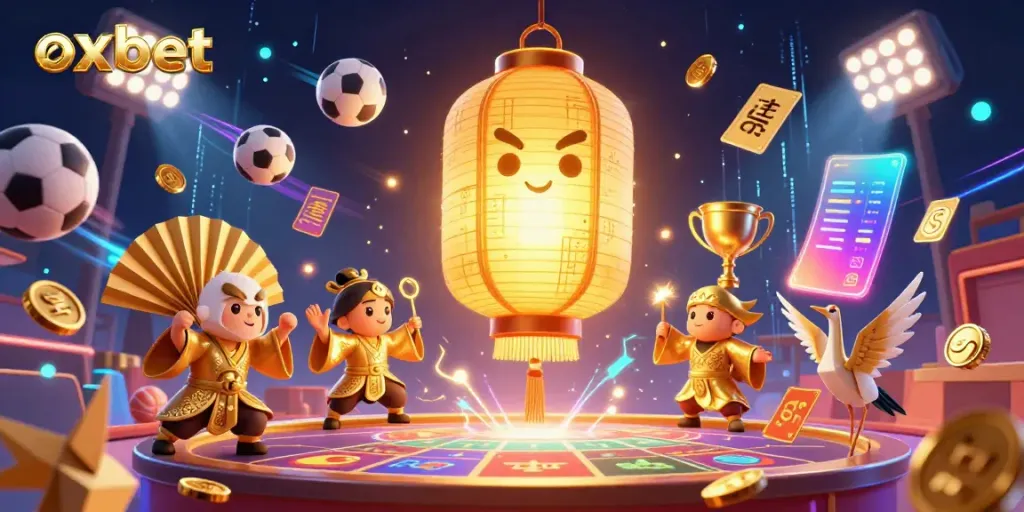 Experience the excitement of betting with oxbet, featuring a vibrant casino scene filled with golden lanterns and sports elements.