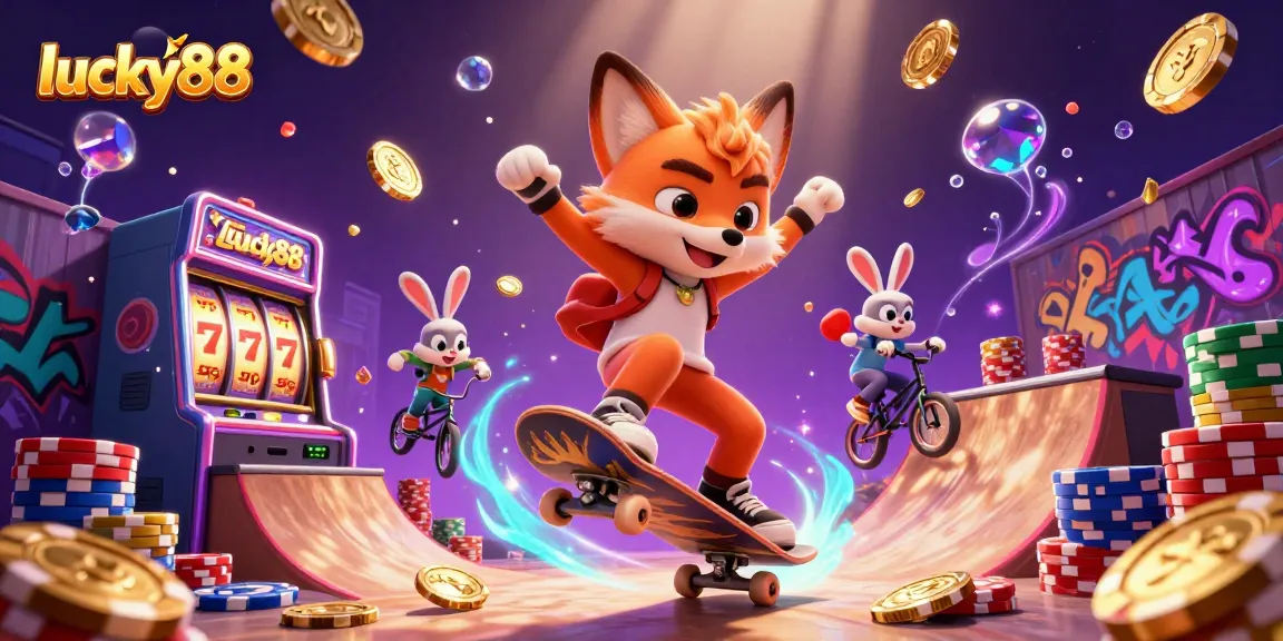 Experience thrilling gameplay at lucky88 with an illustration of a skateboarder fox and BMX rabbit amidst slot machine excitement.