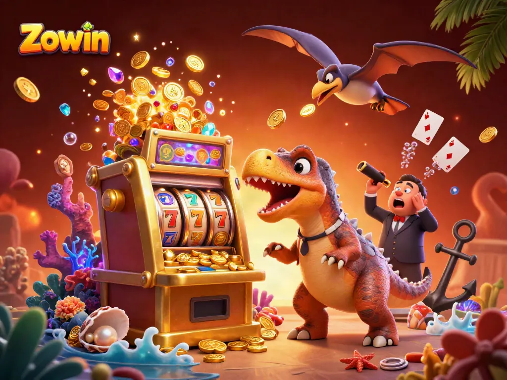 Zowin players experience a thrilling jackpot win as a pachycephalosaurus interacts with a golden slot machine, capturing golden coins.
