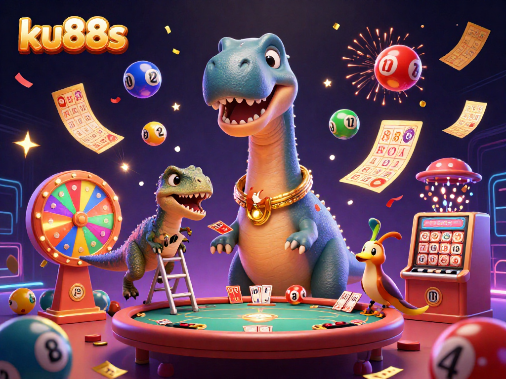 Engage with ku88s at a vibrant casino; a playful dinosaur and clever raptor bring games to life.