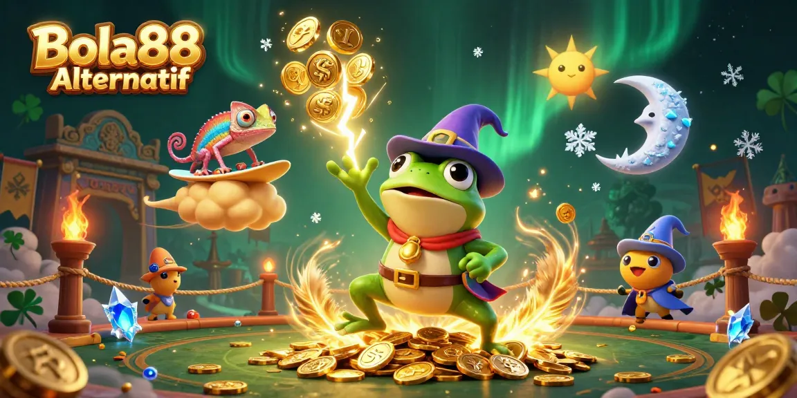 Bola88 Alternatif features enchanting 3D characters and a whimsical casino scene with golden coins in the air.