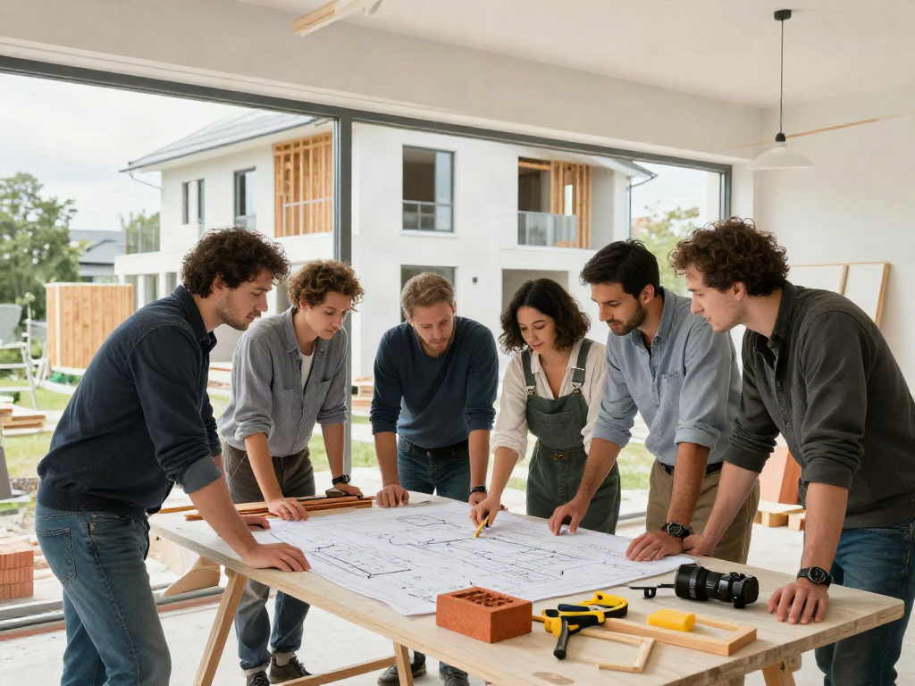 Haus Bau Wien: Team von Architekten und Bauleitern bespricht Baupläne in Wiener Baustelle.