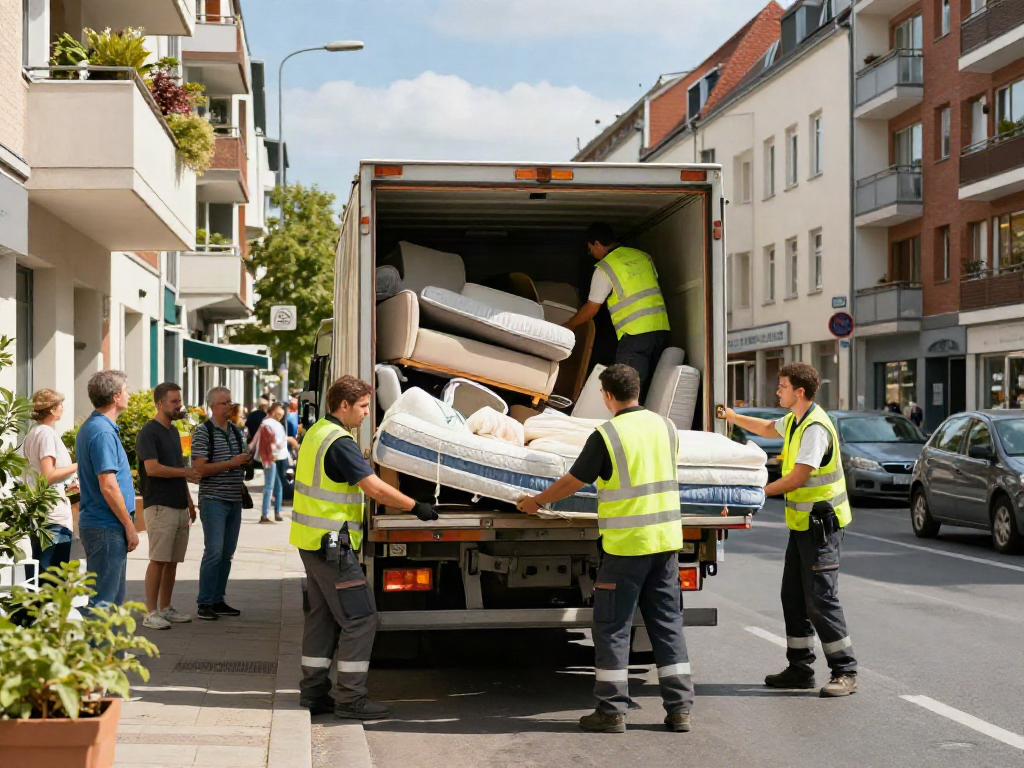 Effiziente Sperrmüll Entrümpelung Berlin mit professionellem Team, das Möbel in ein Transportfahrzeug lädt.