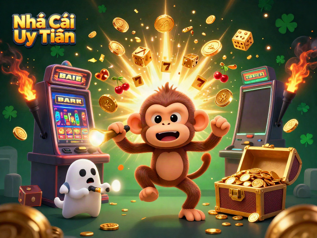 Engaging illustration showcasing Nhà Cái Uy Tín with a playful monkey and a curious puppy amidst casino elements, emphasizing excitement.